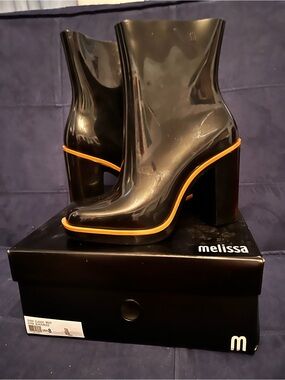 Melissa Glossy Black Ankle Booties with Orange Trim